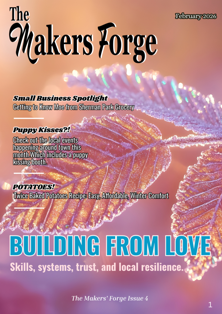 The Makers' Forge cover image for Issue 4. February 2026. It has a picture of a pink hued frozen leaves. The title says Building From Love.