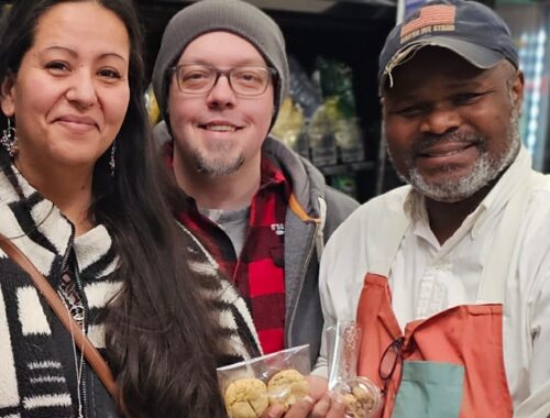 Photo of Moe from Sherman Park Grocery with Vanessa and Joe Vanderhoef.
