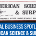 A photo of the American Science & Surplus sign. A blue banner underneath it reads: Local Business Spotlight American Science & Surplus.